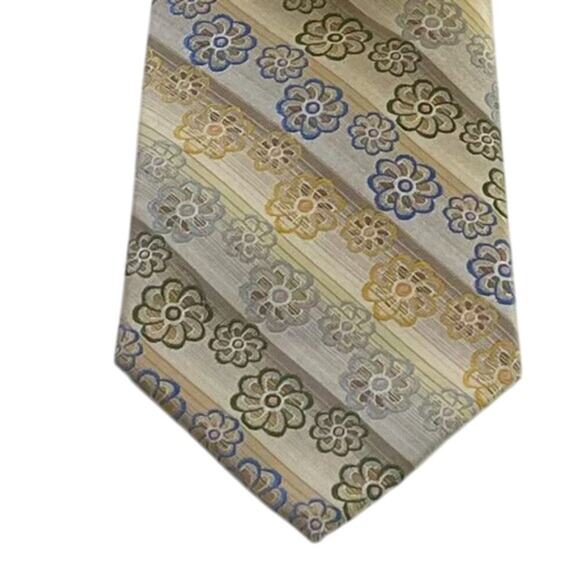 Emilio Ponti Roma Milano Mens Silk Striped Floral Tie, Gold Blue Green Tan, 61" - Picture 1 of 9